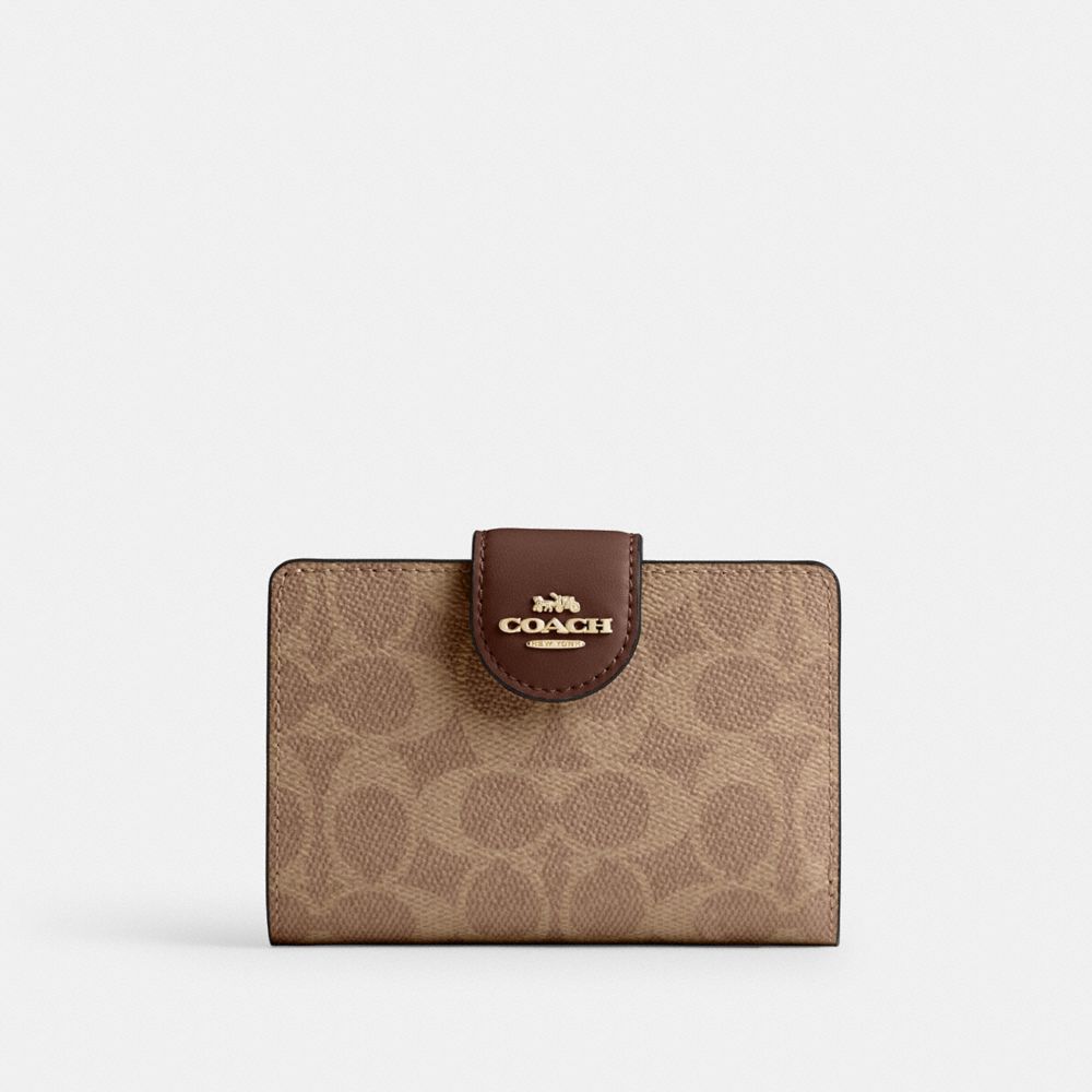 Coach Medium Corner Zip Wallet In Signature Canvas Gold/Tan/Brown