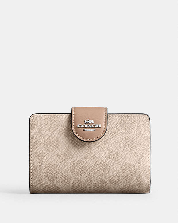 Coach Medium Corner Zip Wallet In Signature Canvas Signature Canvas-Silver-Sand-Taupe Signature Canvas-Silver-Sand-Taupe