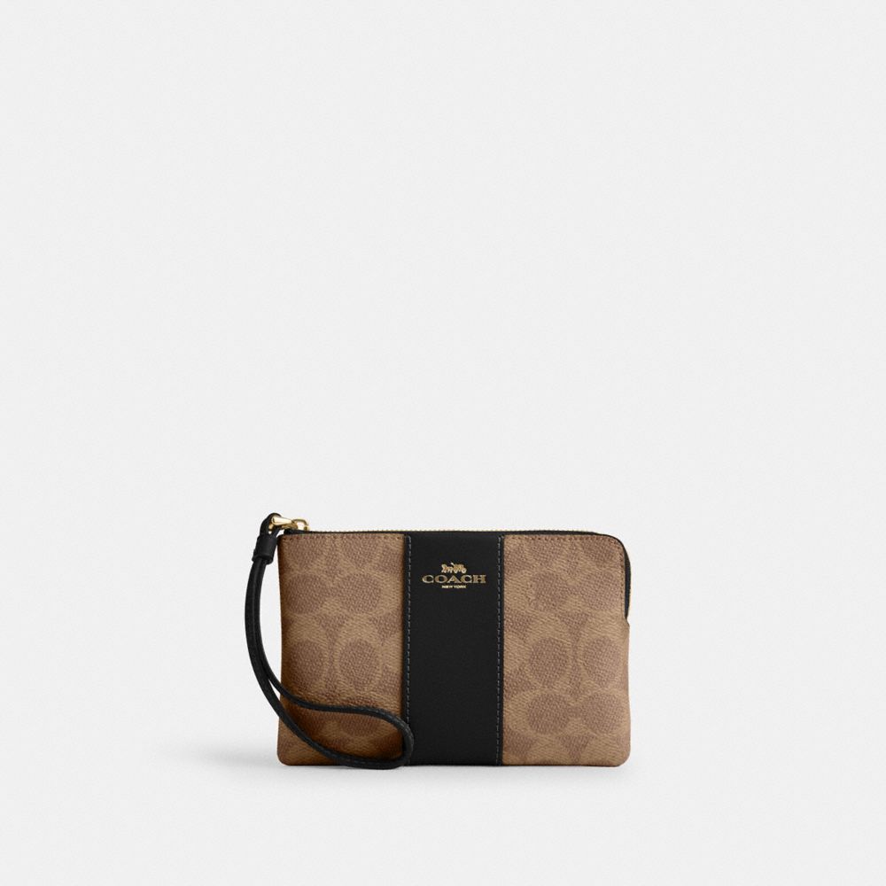 Coach Corner Zip Wristlet In Signature Canvas With Stripe Gold/Tan/Black