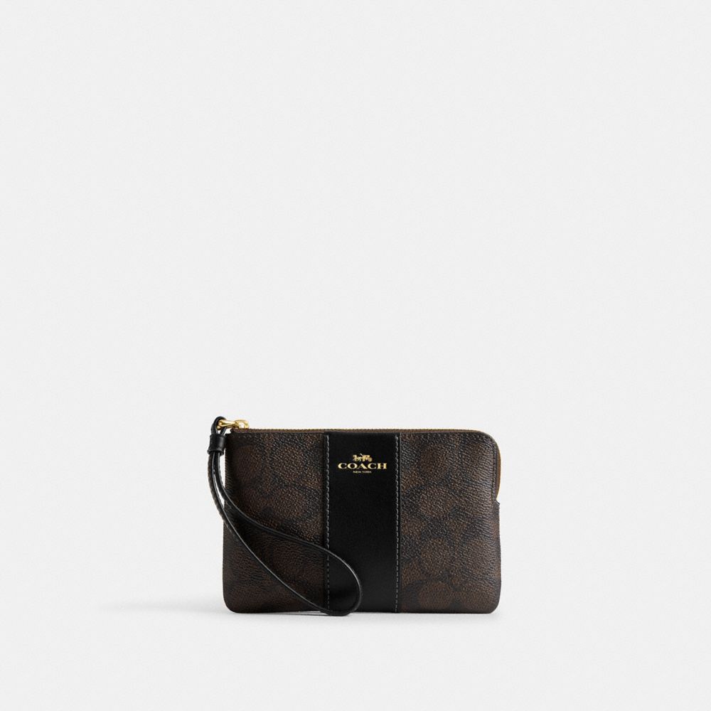 Coach Corner Zip Wristlet In Signature Canvas With Stripe Gold/Walnut/Black