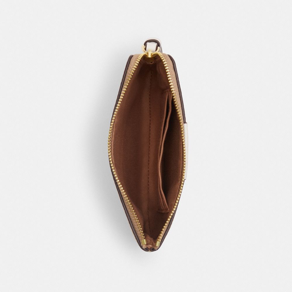 Coach Corner Zip Wristlet In Signature Canvas With Stripe Gold Sand Chalk