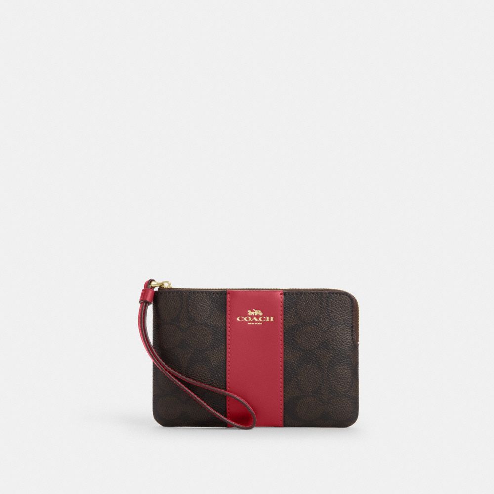 Coach Corner Zip Wristlet In Signature Canvas With Stripe Gold