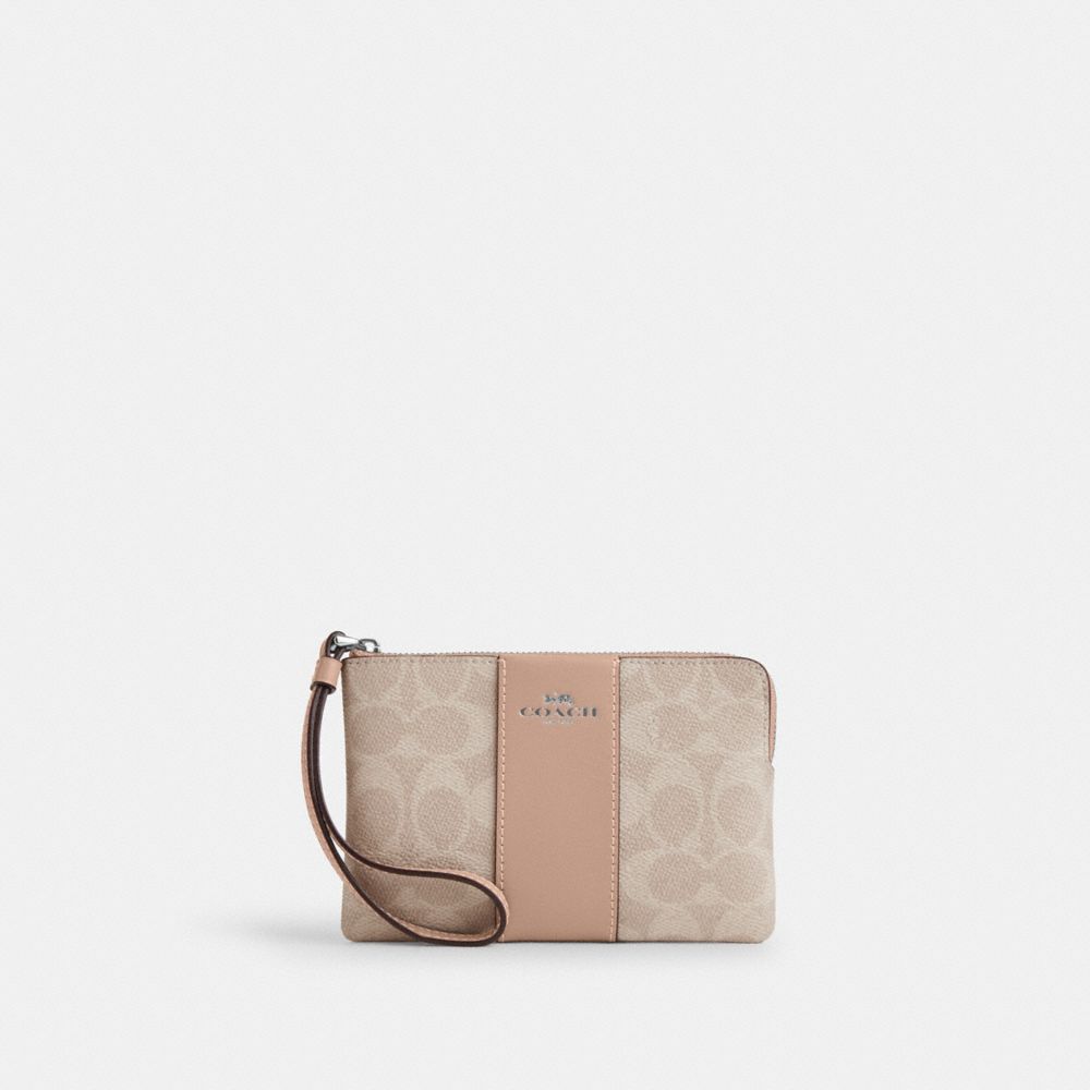 Coach Corner Zip Wristlet In Signature Canvas With Stripe Silver/Sand/Taupe