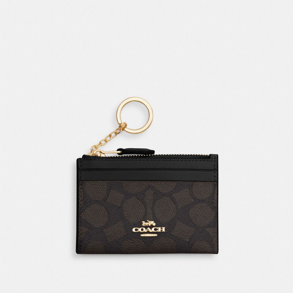 Coach Mini Skinny Id Case In Signature Canvas Gold Walnut Black