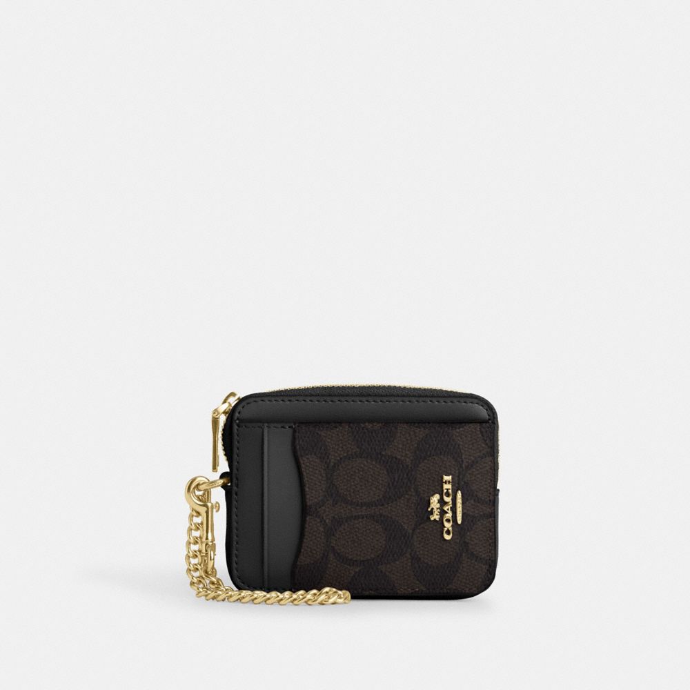 Coach Zip Card Case In Signature Canvas Gold/Walnut/Black