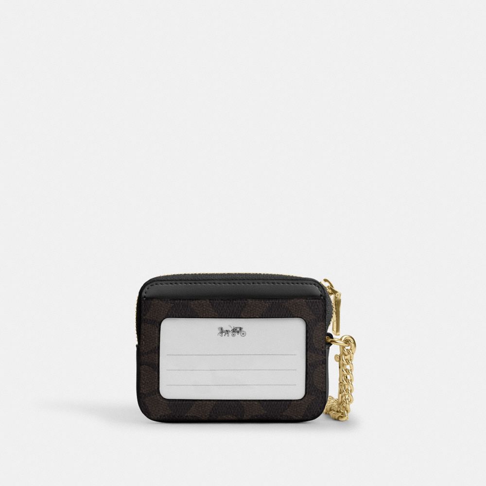 Coach Zip Card Case In Signature Canvas Gold/Walnut/Black