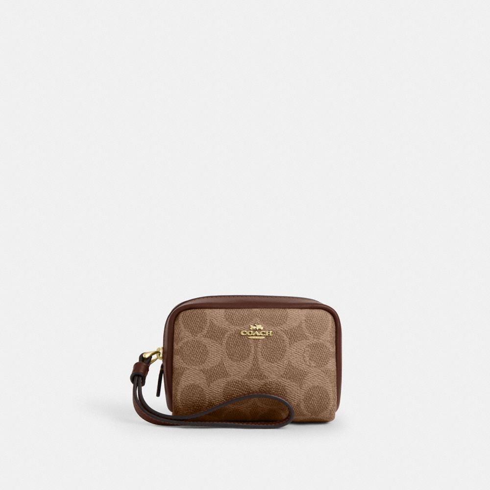 Coach Pouch Wristlet In Signature Canvas Gold Tan Brown
