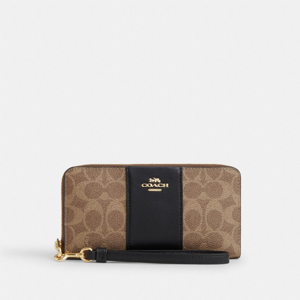 Coach Long Zip Around Wallet In Signature Canvas With Stripe Gold Tan Black