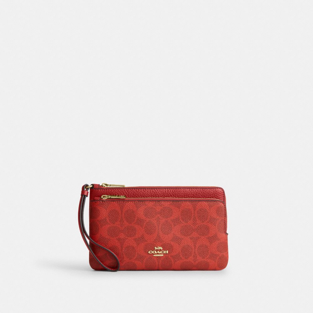 Coach Double Zip Wallet In Signature Canvas Gold Crimson