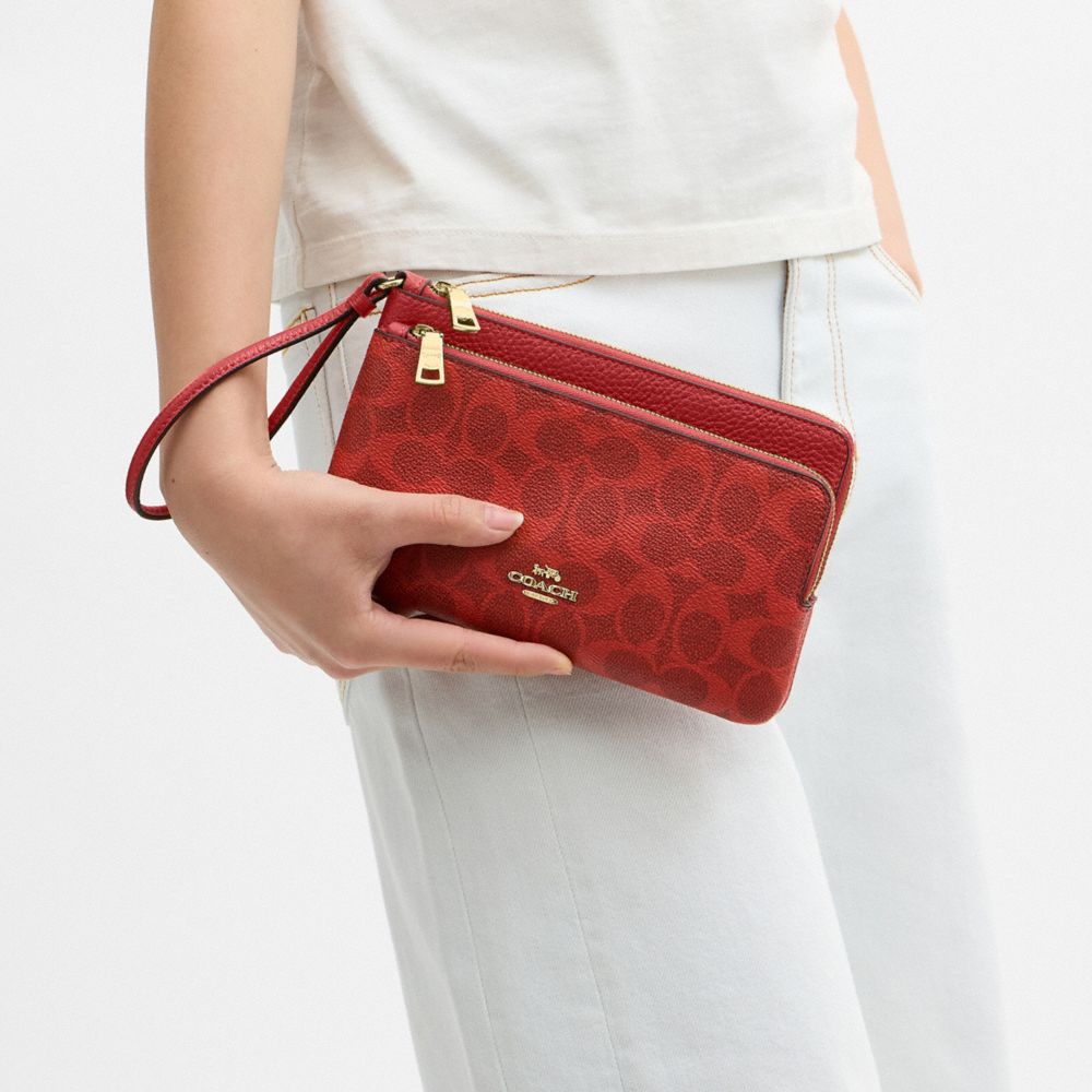 Coach Double Zip Wallet In Signature Canvas Gold Crimson