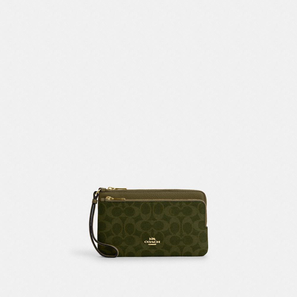 Coach Double Zip Wallet In Signature Canvas Gold Olive