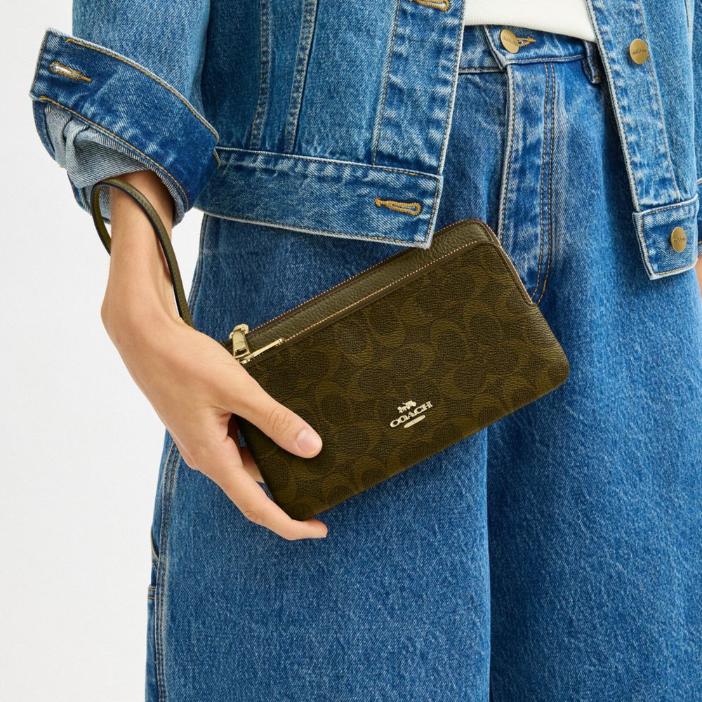 Coach Double Zip Wallet In Signature Canvas Gold Olive