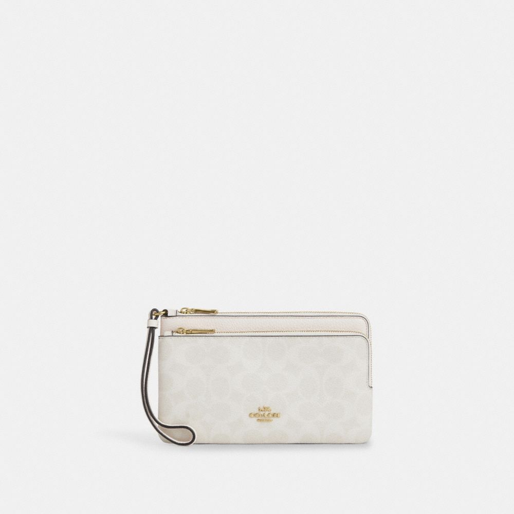 Coach Double Zip Wallet In Signature Canvas Gold White Chalk