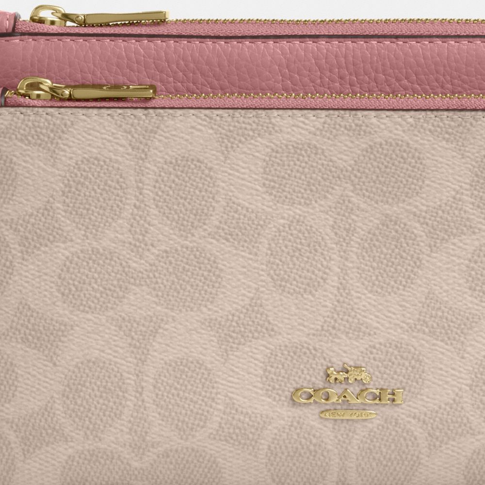 Coach Double Zip Wallet In Signature Canvas Gold Sand Peony