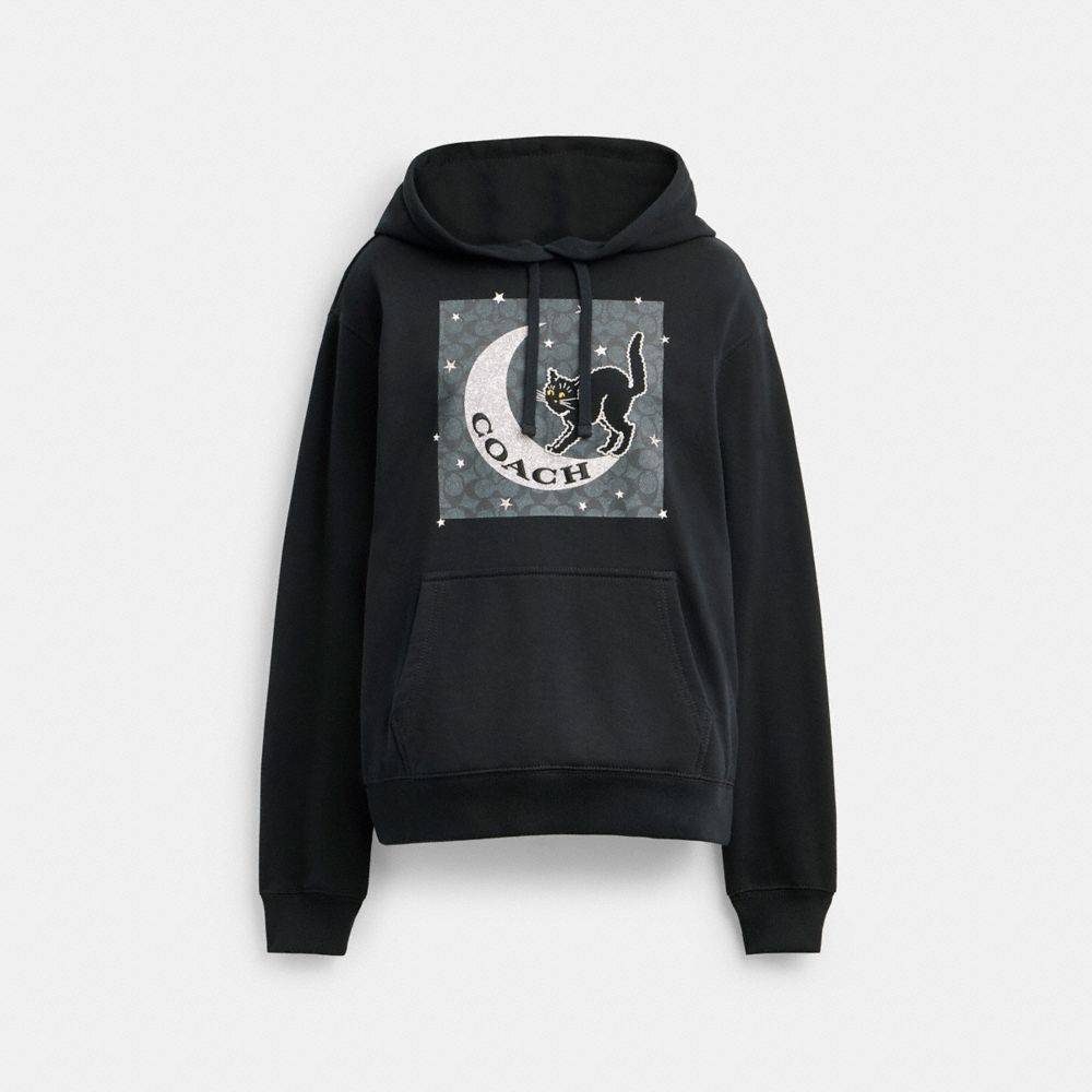 Coach Halloween Black Cat Moon Signature Square Hoodie Black