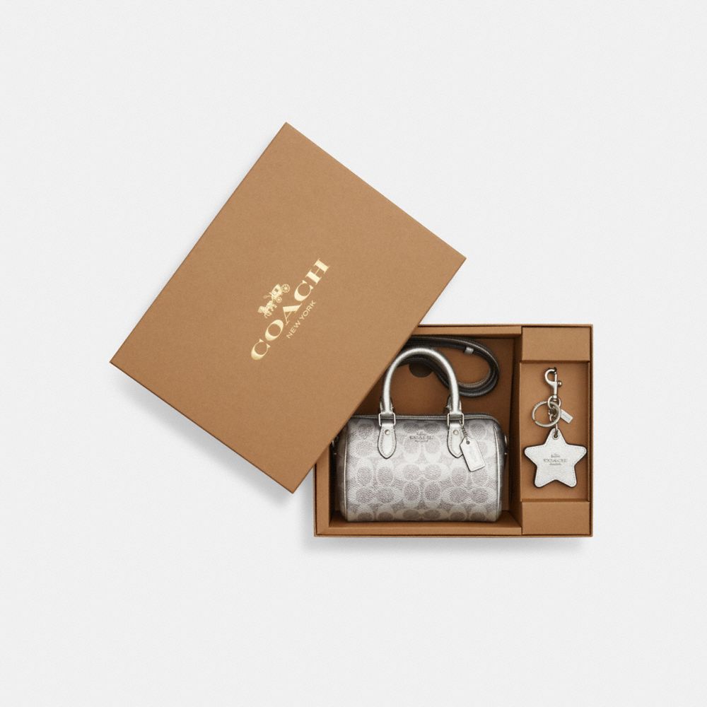 Coach Boxed Mini Rowan Crossbody Bag And Mirror Bag Charm Set In Signature Canvas Silver Gray Silver