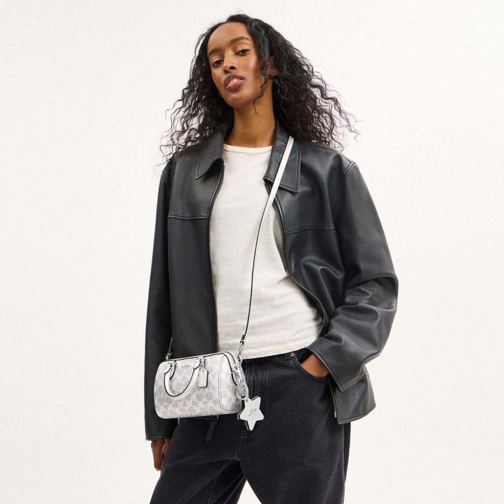 Coach Boxed Mini Rowan Crossbody Bag And Mirror Bag Charm Set In Signature Canvas Silver Gray Silver