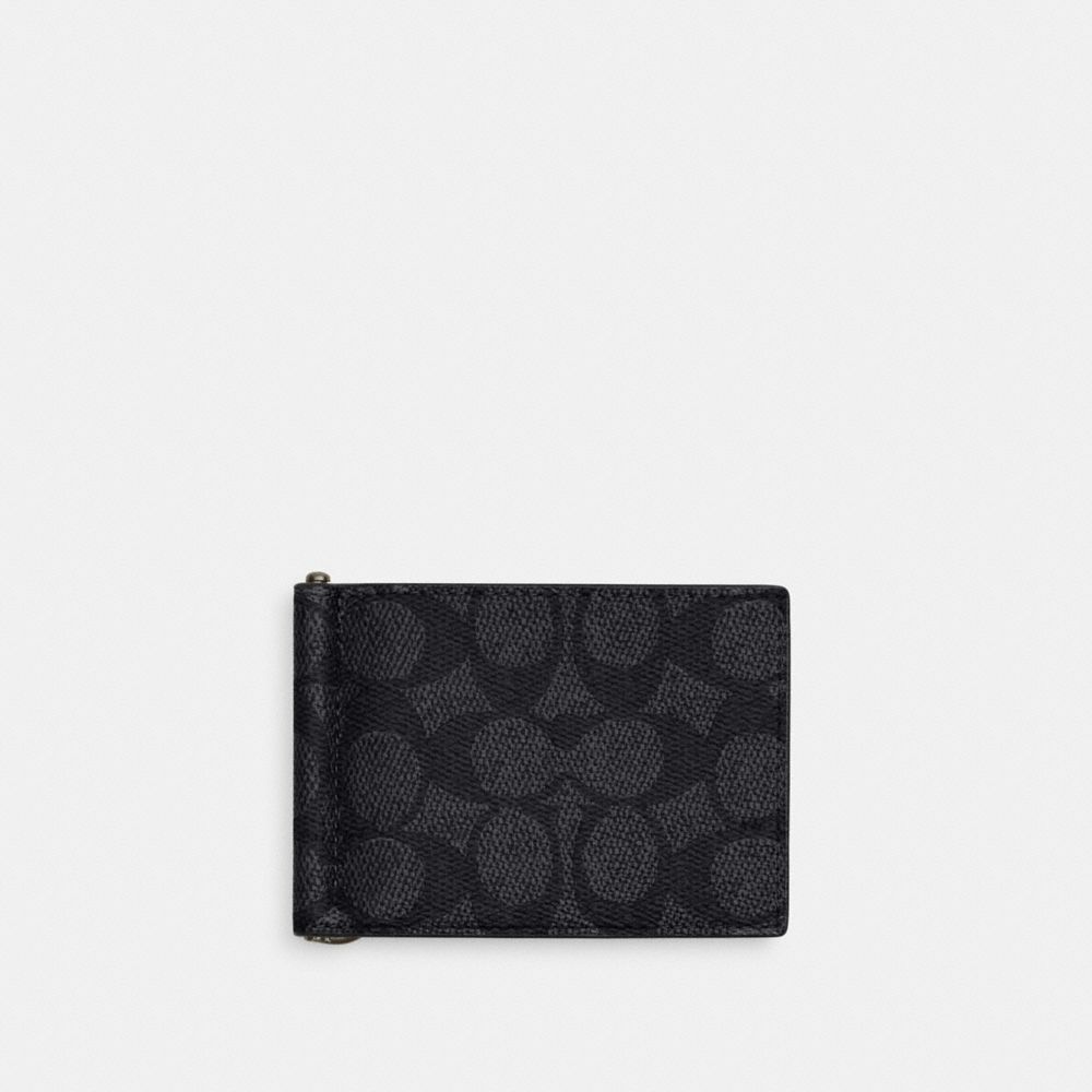 Coach Slim Money Clip Billfold Wallet In Signature Canvas Gunmetal Charcoal Black