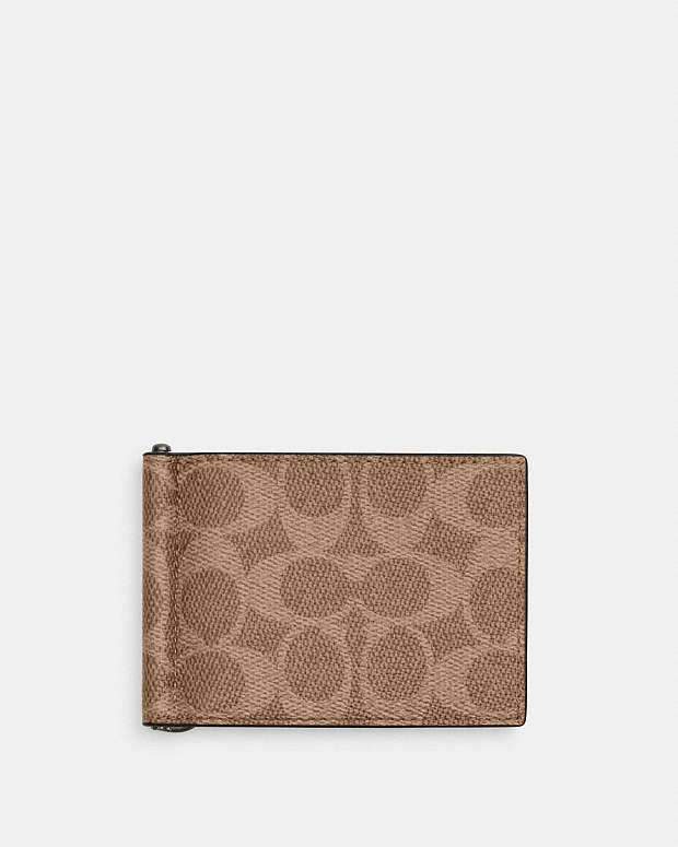 Coach Slim Money Clip Billfold Wallet In Signature Canvas Signature  Canvas-Qb-Tan-Black Signature Canvas-Qb-Tan-Black