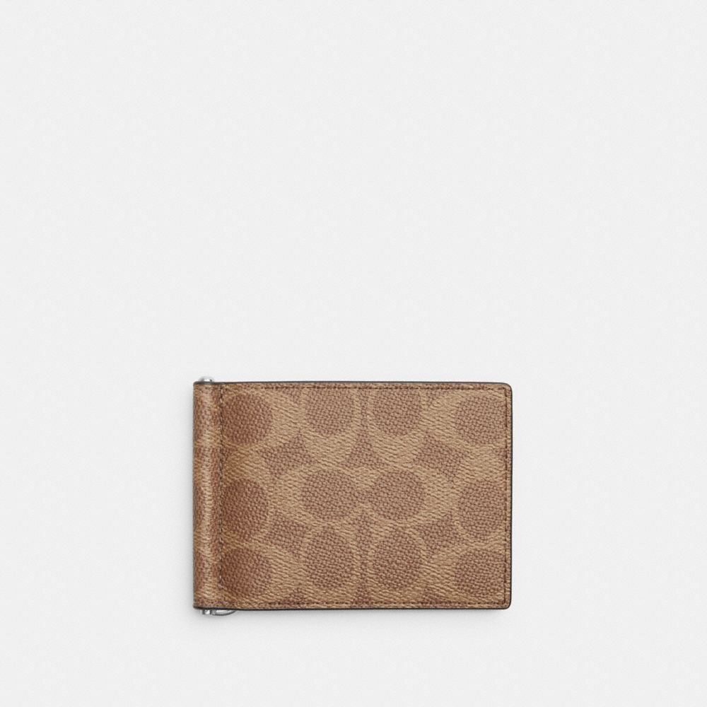 Coach Slim Money Clip Billfold Wallet In Signature Canvas Silver/Tan/Black
