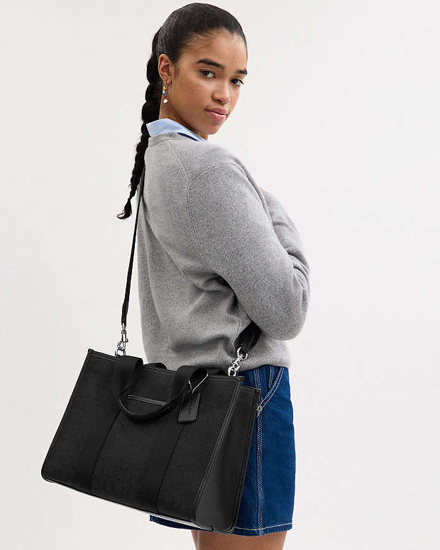 Smith Tote Bag In Signature Jacquard Non Leather-Silver-Black Non Leather-Silver-Black