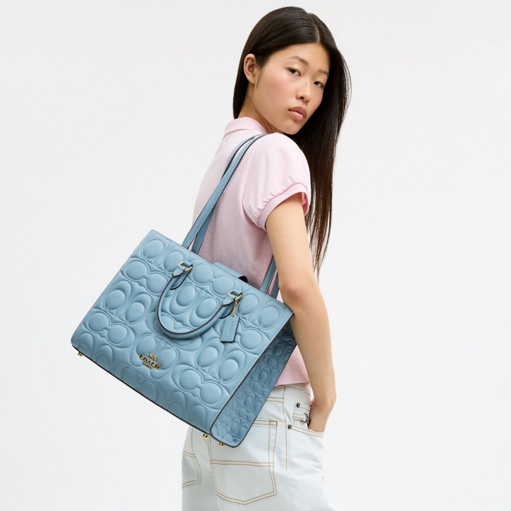 Coach Maggie Tote Bag In Signature Leather Gold Azure