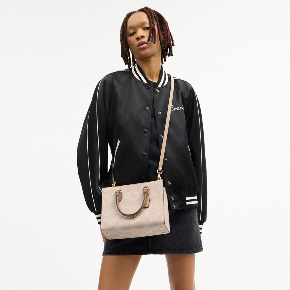 Coach Maggie Small Tote Bag In Blocked Signature Canvas Gold Sand Tan
