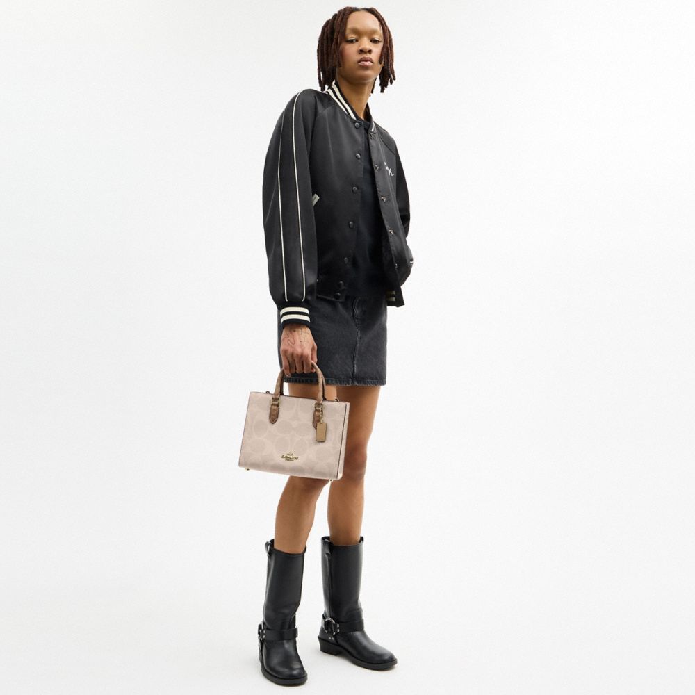 Coach Maggie Small Tote Bag In Blocked Signature Canvas Gold Sand Tan