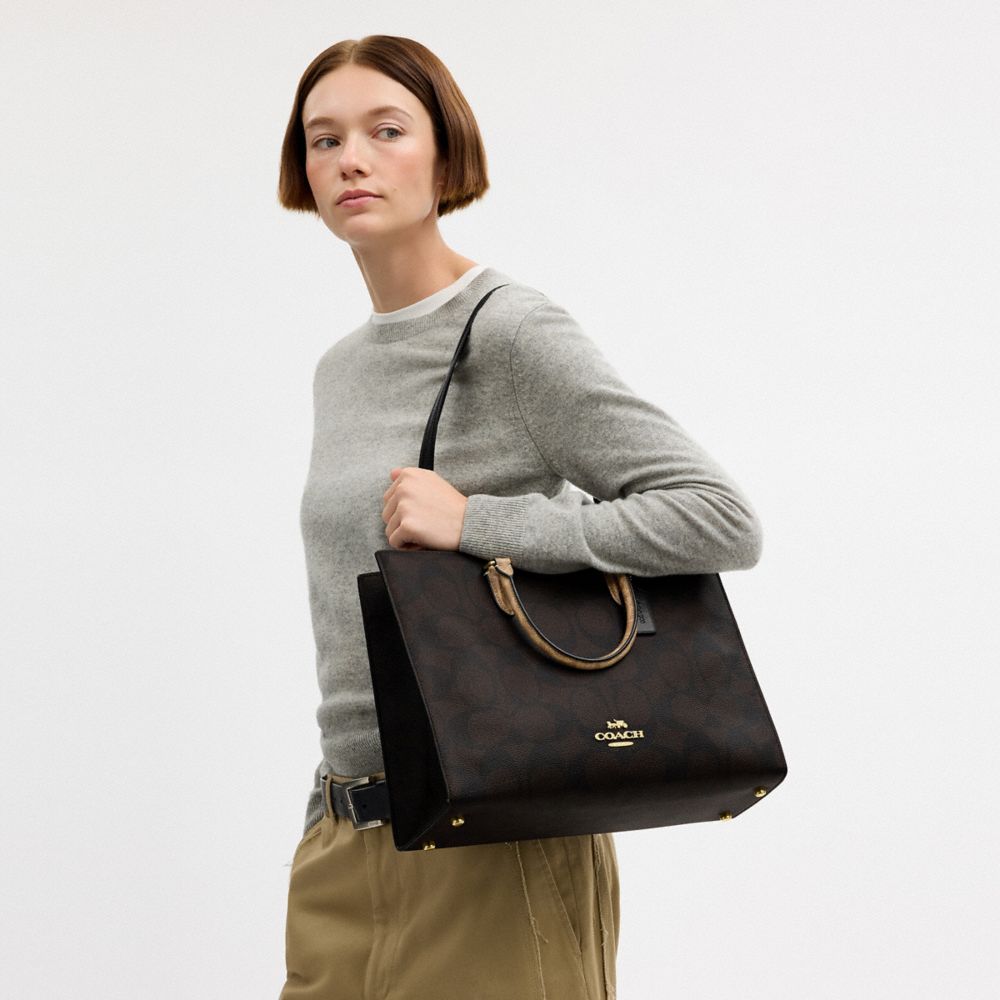 Coach Maggie Tote Bag In Blocked Signature Canvas Gold Walnut Tan