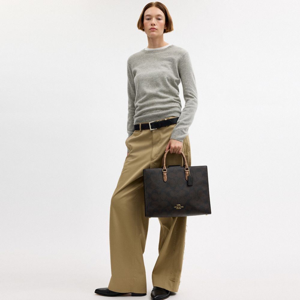 Coach Maggie Tote Bag In Blocked Signature Canvas Gold Walnut Tan