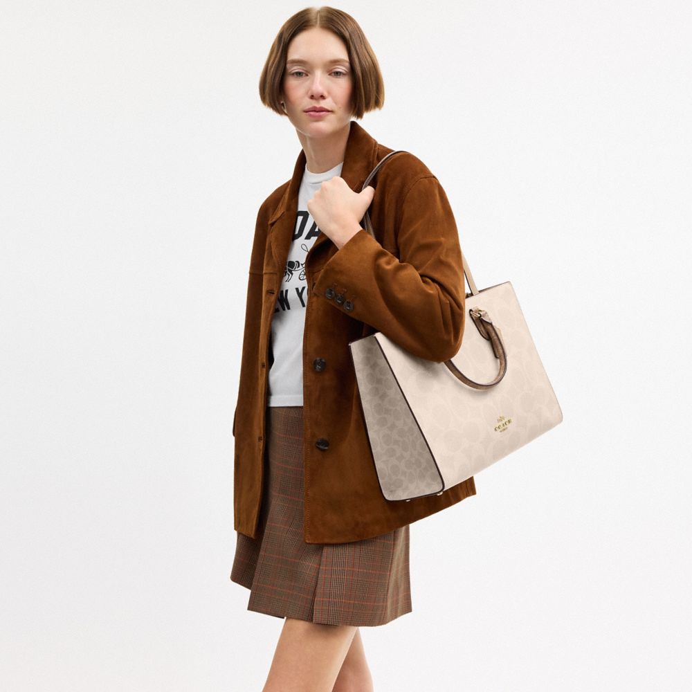 Coach Maggie Tote Bag In Blocked Signature Canvas Gold Sand Tan