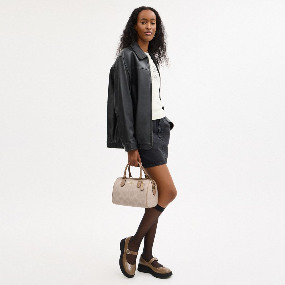 Coach Rowan Satchel Bag In Blocked Signature Canvas Gold Sand Tan