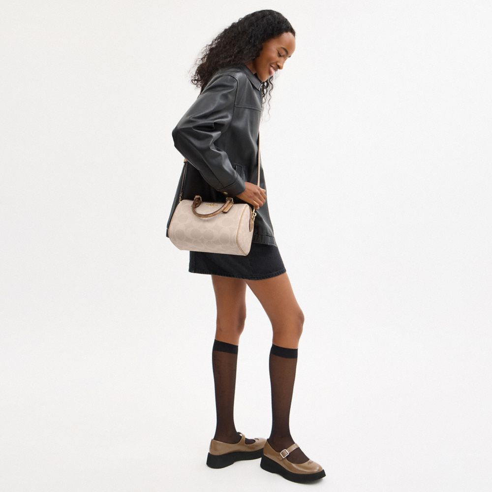 Coach Rowan Satchel Bag In Blocked Signature Canvas Gold Sand Tan