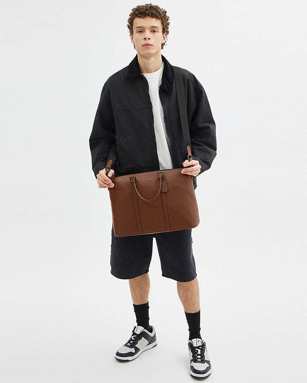 Caleb Work Bag Pebbled Leather-Gunmetal-Saddle Pebbled Leather-Gunmetal-Saddle