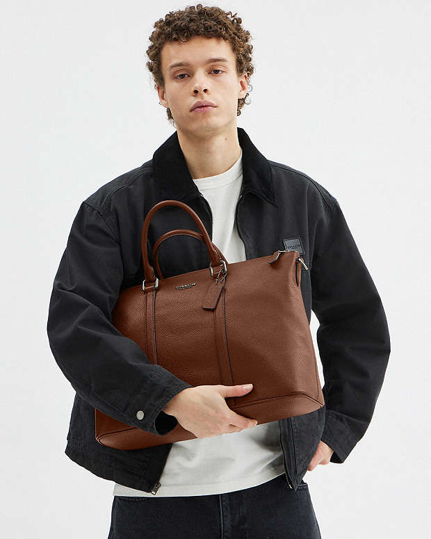 Caleb Work Bag Pebbled Leather-Gunmetal-Saddle Pebbled Leather-Gunmetal-Saddle