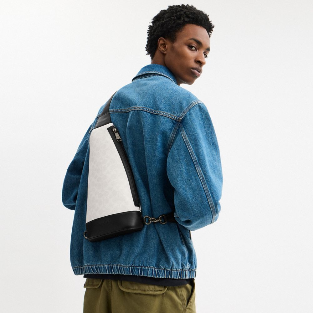 Coach Dominic Sling Pack In Signature Canvas Gunmetal Chalk Black