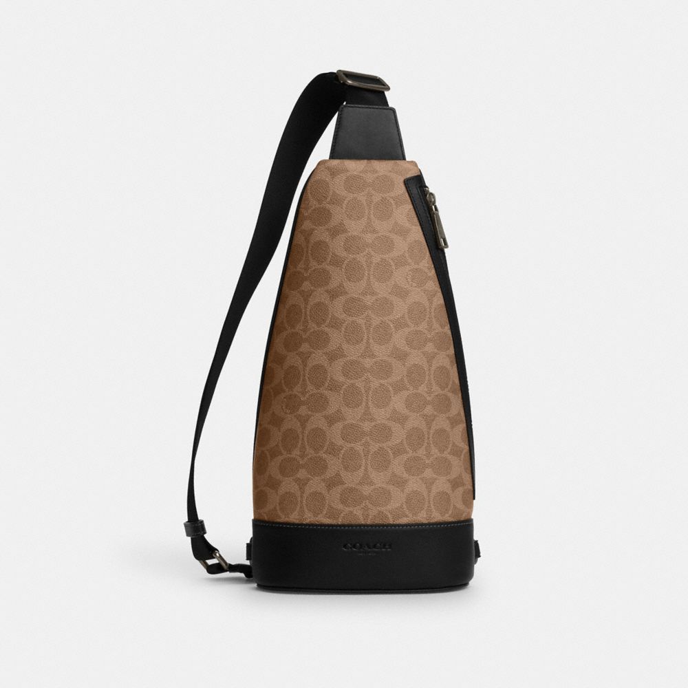 Coach Dominic Sling Pack In Signature Canvas Gunmetal Tan Black