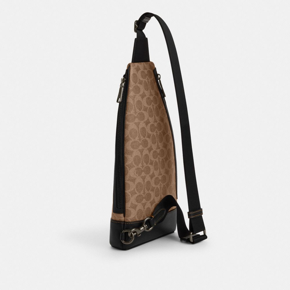 Coach Dominic Sling Pack In Signature Canvas Gunmetal Tan Black