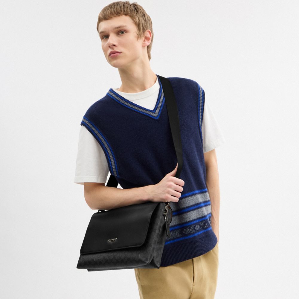 Coach Caleb Messenger Bag In Signature Canvas Gunmetal Charcoal Black