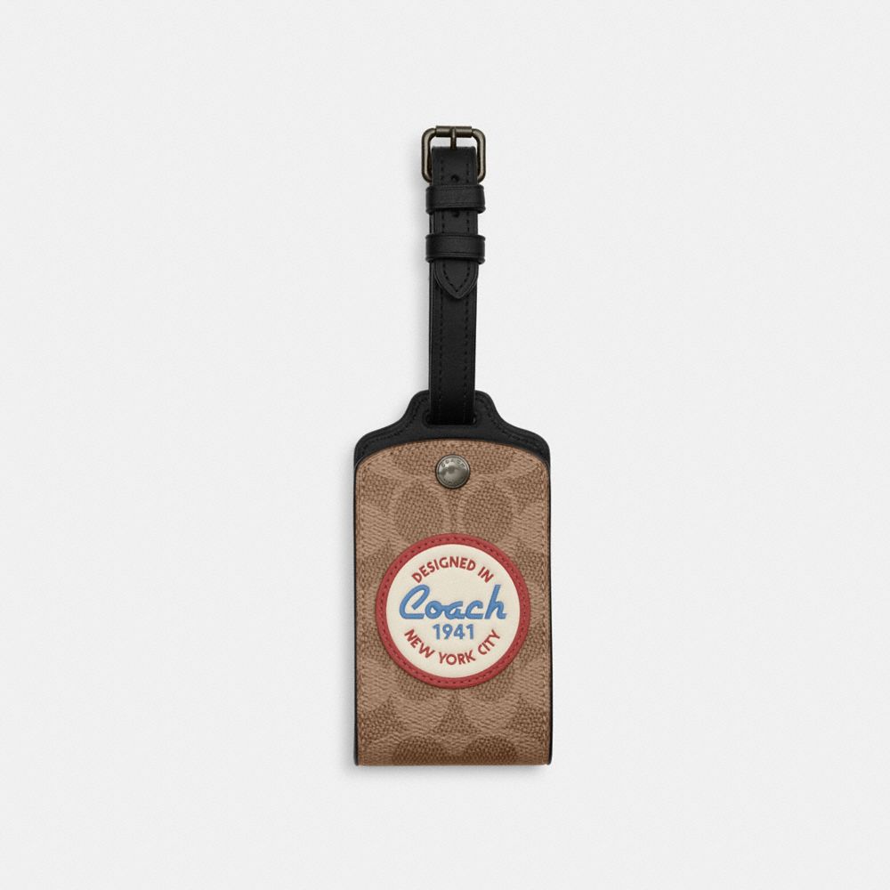 Coach Luggage Tag In Signature Canvas With Patches Gunmetal Tan Multi