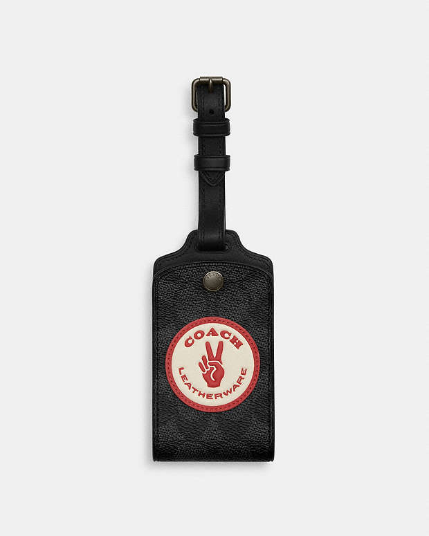 Luggage Tag In Signature Canvas With Patches Signature Canvas-Gunmetal-Charcoal Multi Signature Canvas-Gunmetal-Charcoal Multi