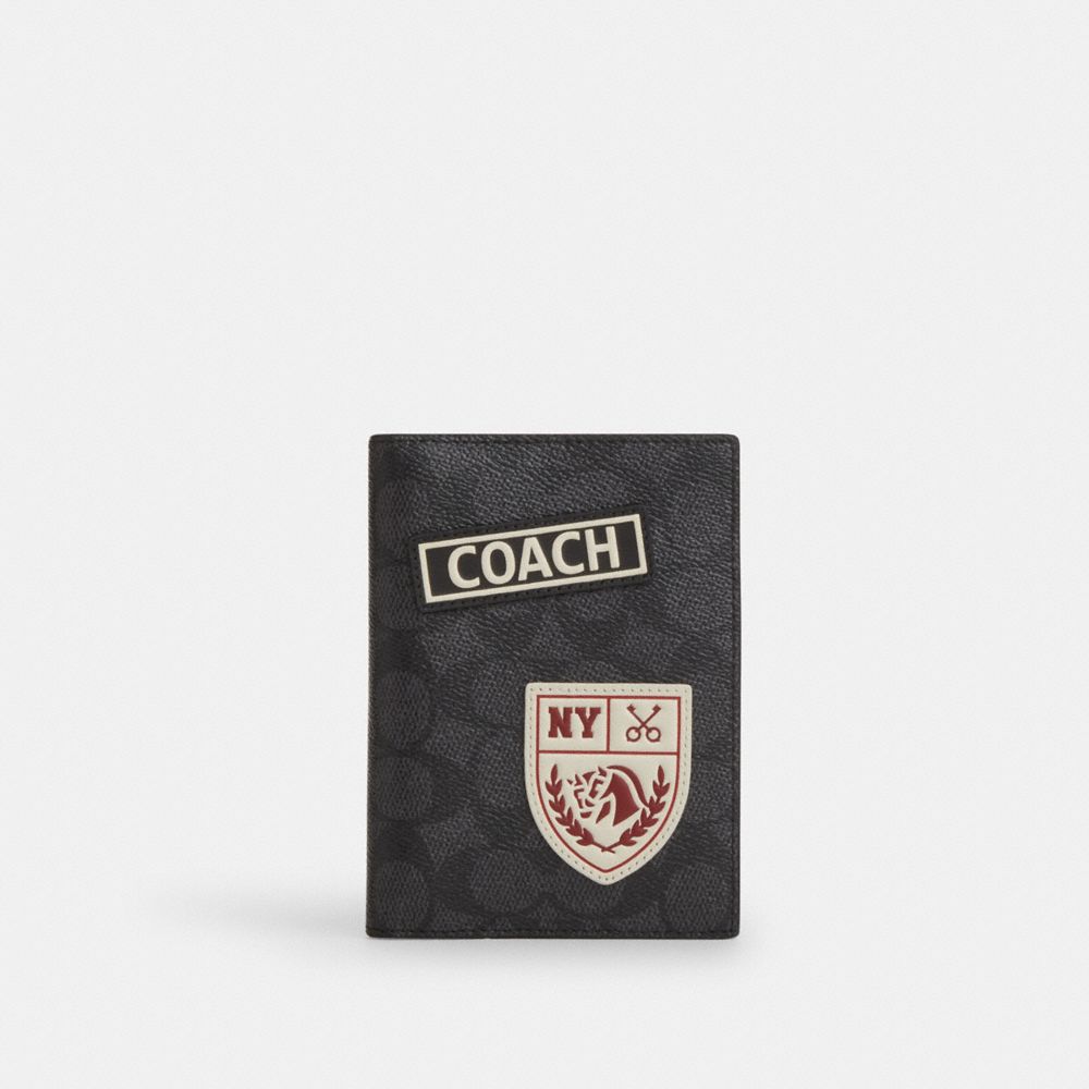 Coach Passport Card Case In Signature Canvas With Patches Gunmetal Charcoal Multi