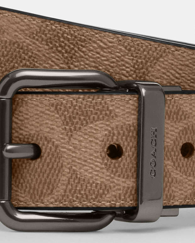 Roller Buckle Cut To Size Reversible Belt, 38 Mm Signature Canvas-Gunmetal-Tan Charcoal Signature Canvas-Gunmetal-Tan Charcoal