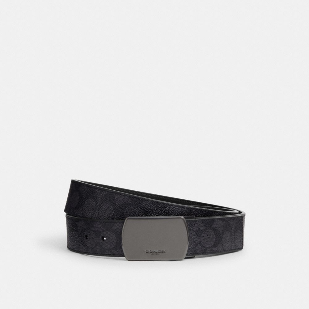 Coach Plaque Buckle Cut To Size Reversible Belt, 38 Mm Gunmetal Charcoal Black