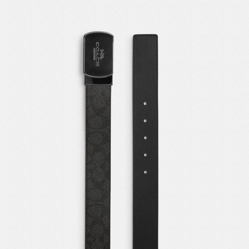Coach Plaque Buckle Cut To Size Reversible Belt, 38 Mm Gunmetal Charcoal Black