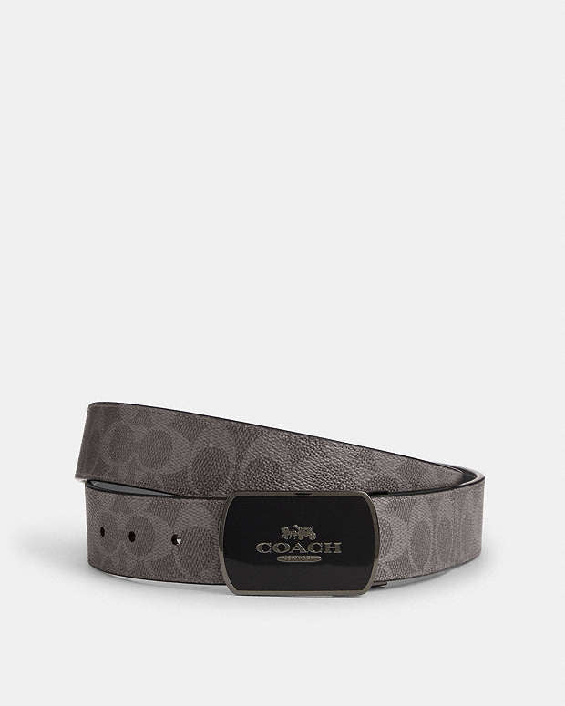 Plaque Buckle Cut To Size Reversible Belt, 38 Mm Signature Canvas-Qb-Grey-Charcoal Signature Canvas-Qb-Grey-Charcoal