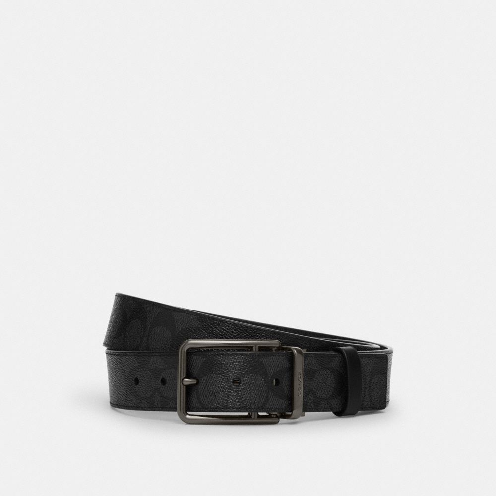 Coach Double Bar Buckle Cut To Size Reversible Belt, 38 Mm Gunmetal Charcoal Black