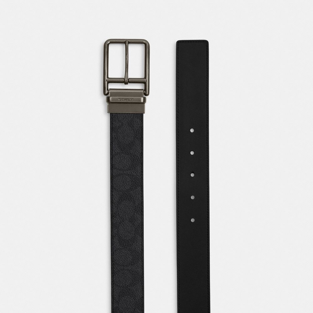 Coach Double Bar Buckle Cut To Size Reversible Belt, 38 Mm Gunmetal Charcoal Black