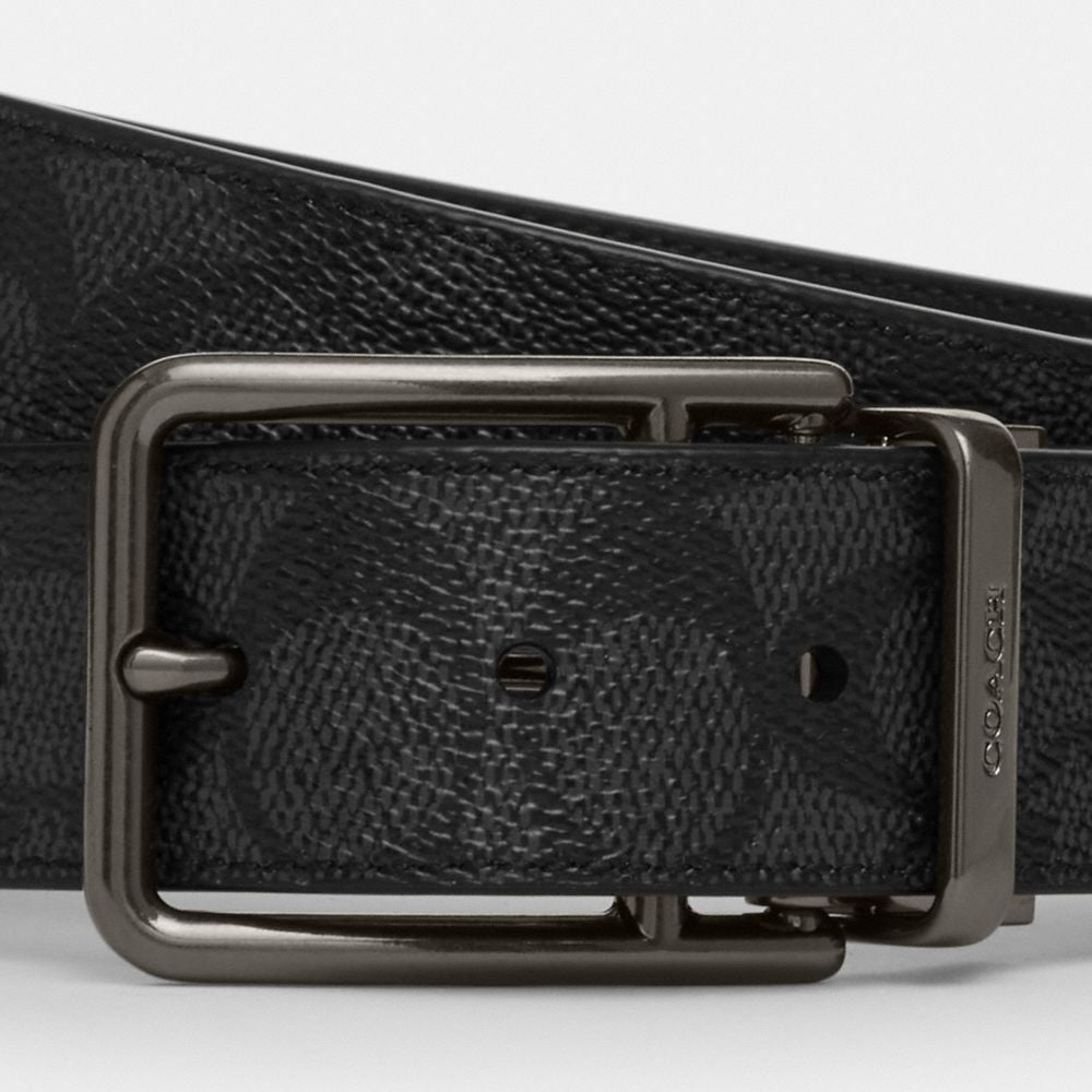 Coach Double Bar Buckle Cut To Size Reversible Belt, 38 Mm Gunmetal Charcoal Black