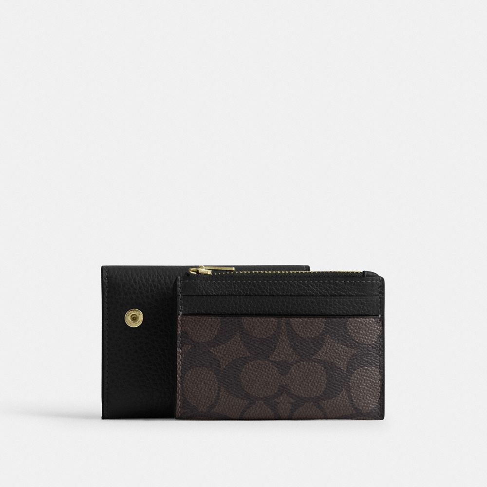 Coach Card Holder Wallet In Signature Canvas Gold Walnut Black